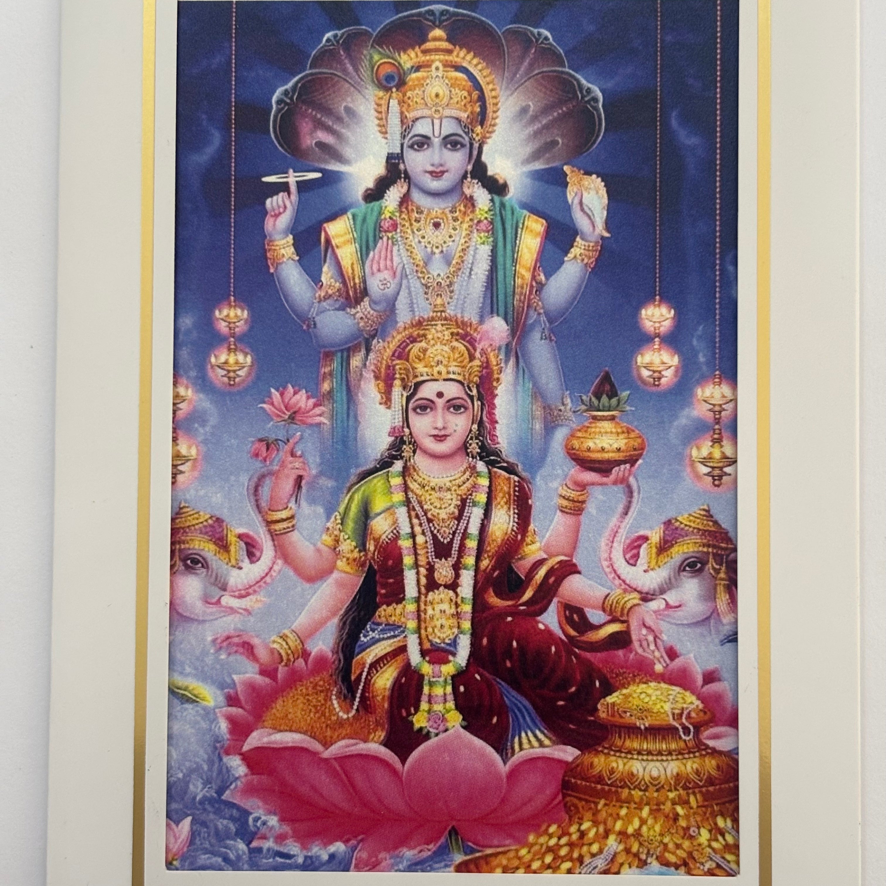 Divine Sansar Laxmi Vishnu Photo Frame on a lotus with a colorful background