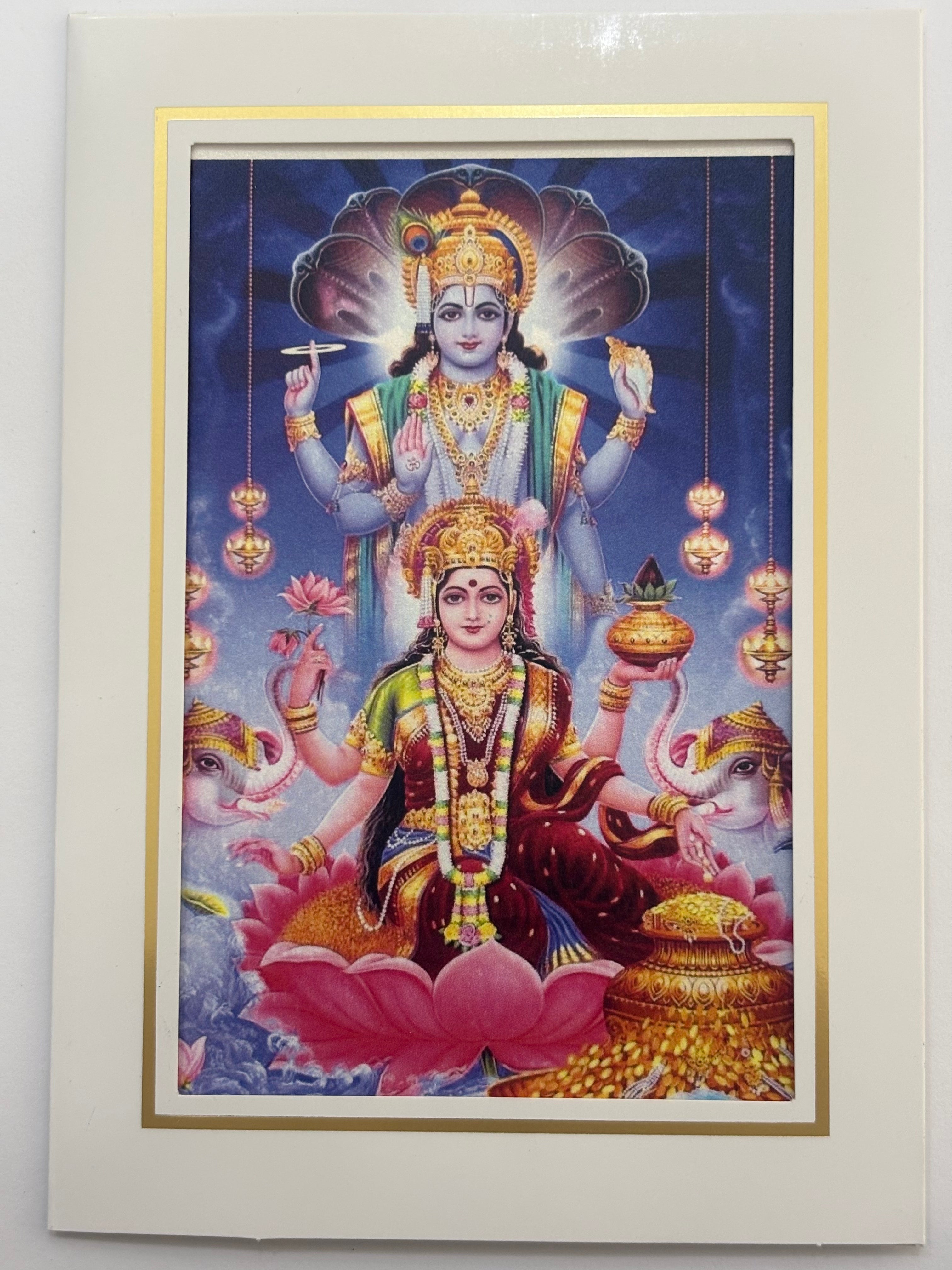 Divine Sansar Laxmi Vishnu Photo Frame on a lotus with a colorful background