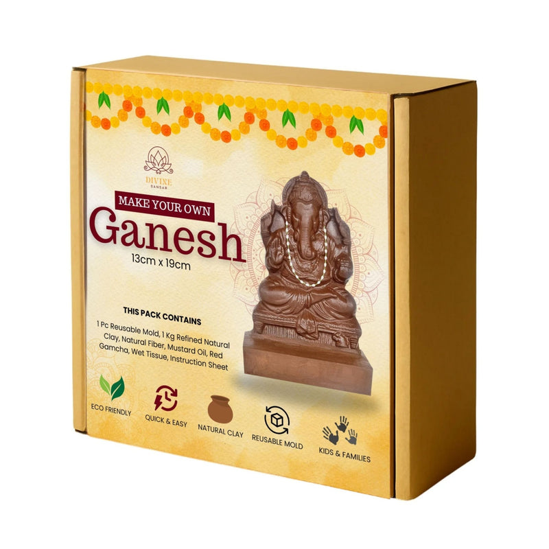 Divine Sansar-Make your own Ganesha box for making a clay Ganesh idol with text and illustrations on a white background