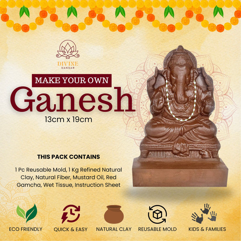Divine Sansar-A banner for an eco-friendly "Make Your Own Ganesh" kit showing a completed natural clay idol.