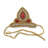 Handcrafted Gold-Beaded Mukut (Deity Crown) — Red Teardrop Gem, Adjustable Ties