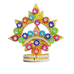 Divine Sansar-Mukut with colorful gemstones and pearls on a white background