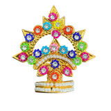 Divine Sansar-Mukut with colorful gemstones and pearls on a white background