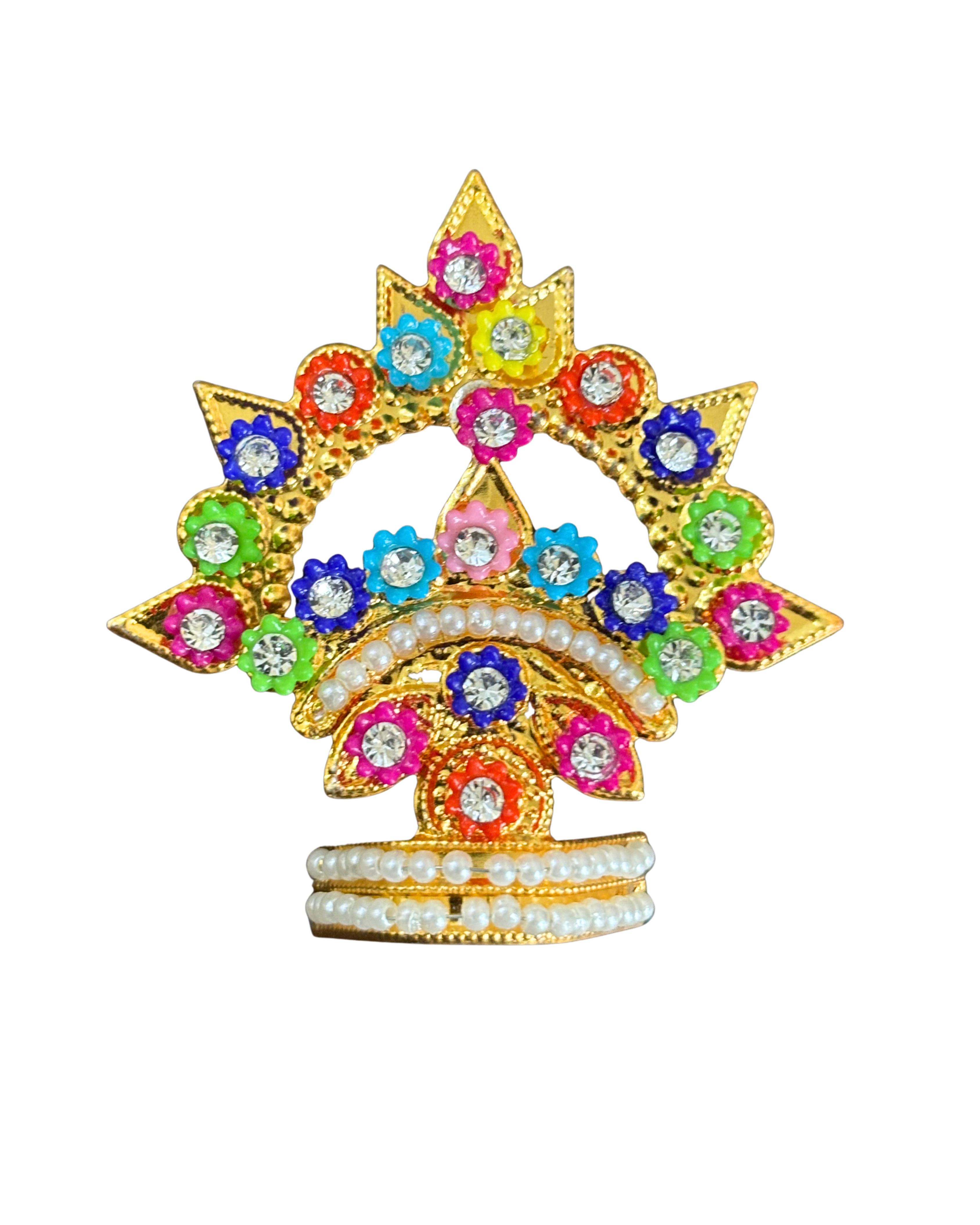 Divine Sansar-Mukut with colorful gemstones and pearls on a white background