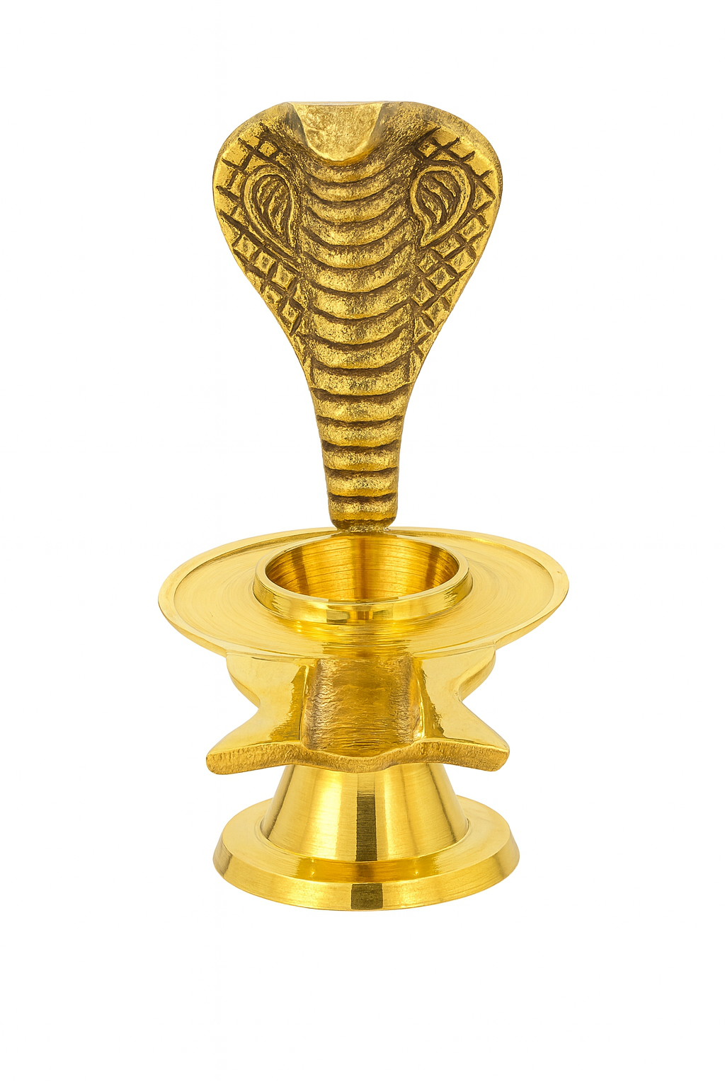 Divine Sansar-A golden brass Narmadeshwar Shivling stand featuring a multi-layered base and an upright, engraved hooded cobra (Sheshnag) backdrop.