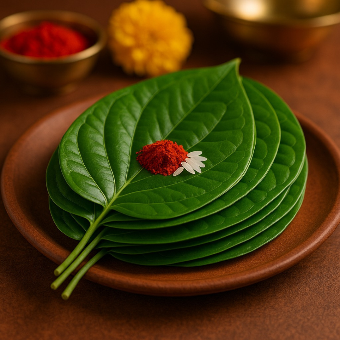Divine Sansar Paan ka Patta-Stack of green betel leaves with vermilion and some rice on a brown plate