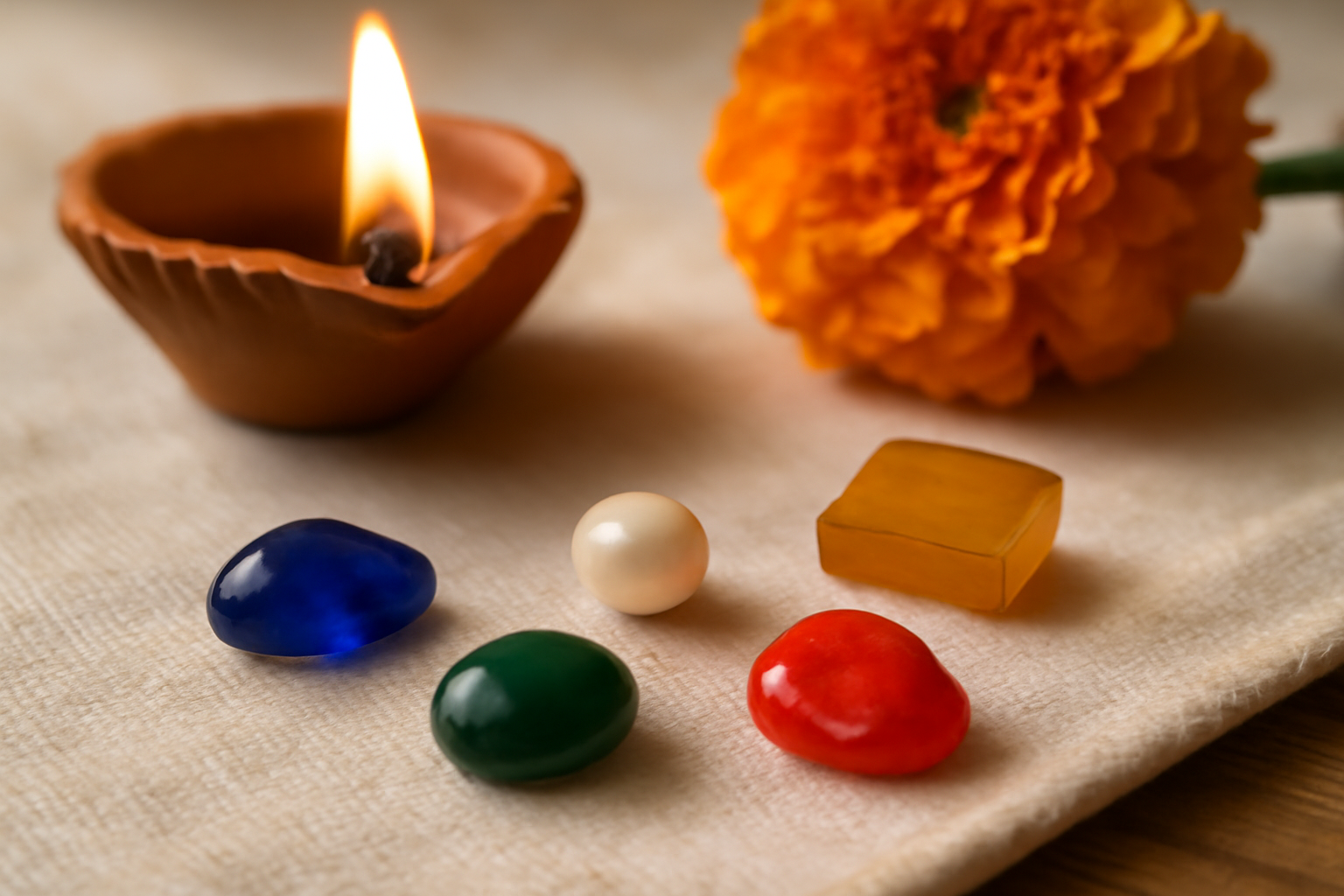 Divine Sansar-Panchratna Set – 5 Sacred Gems in a Diwali-themed setup with a lit oil lamp, marigold flower, on a textured surface.