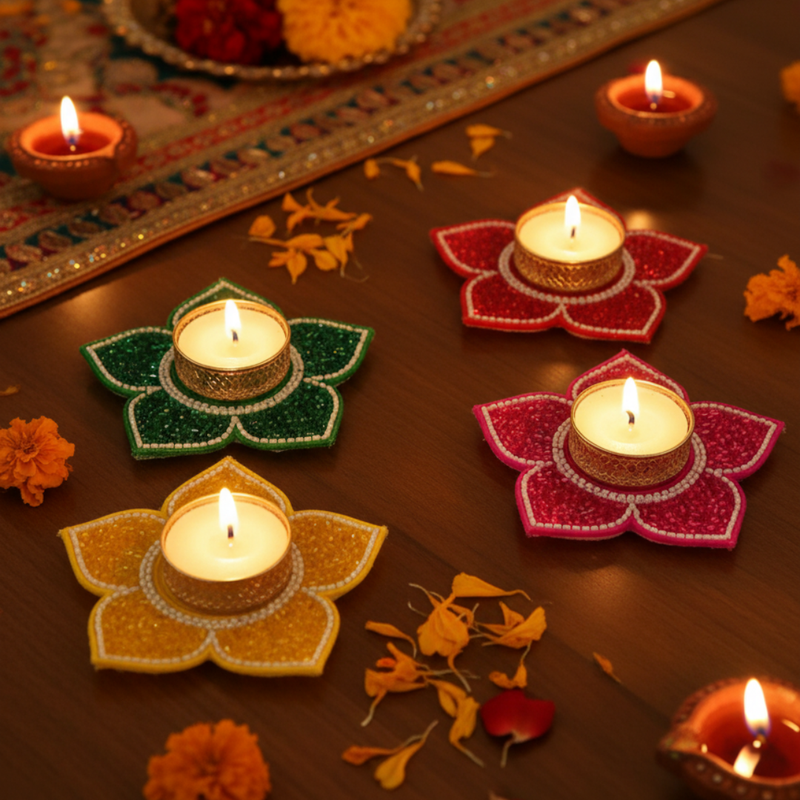 Divine Sansar-Glass Work Lotus Tealight Holder Set on a wooden surface with marigold flowers.