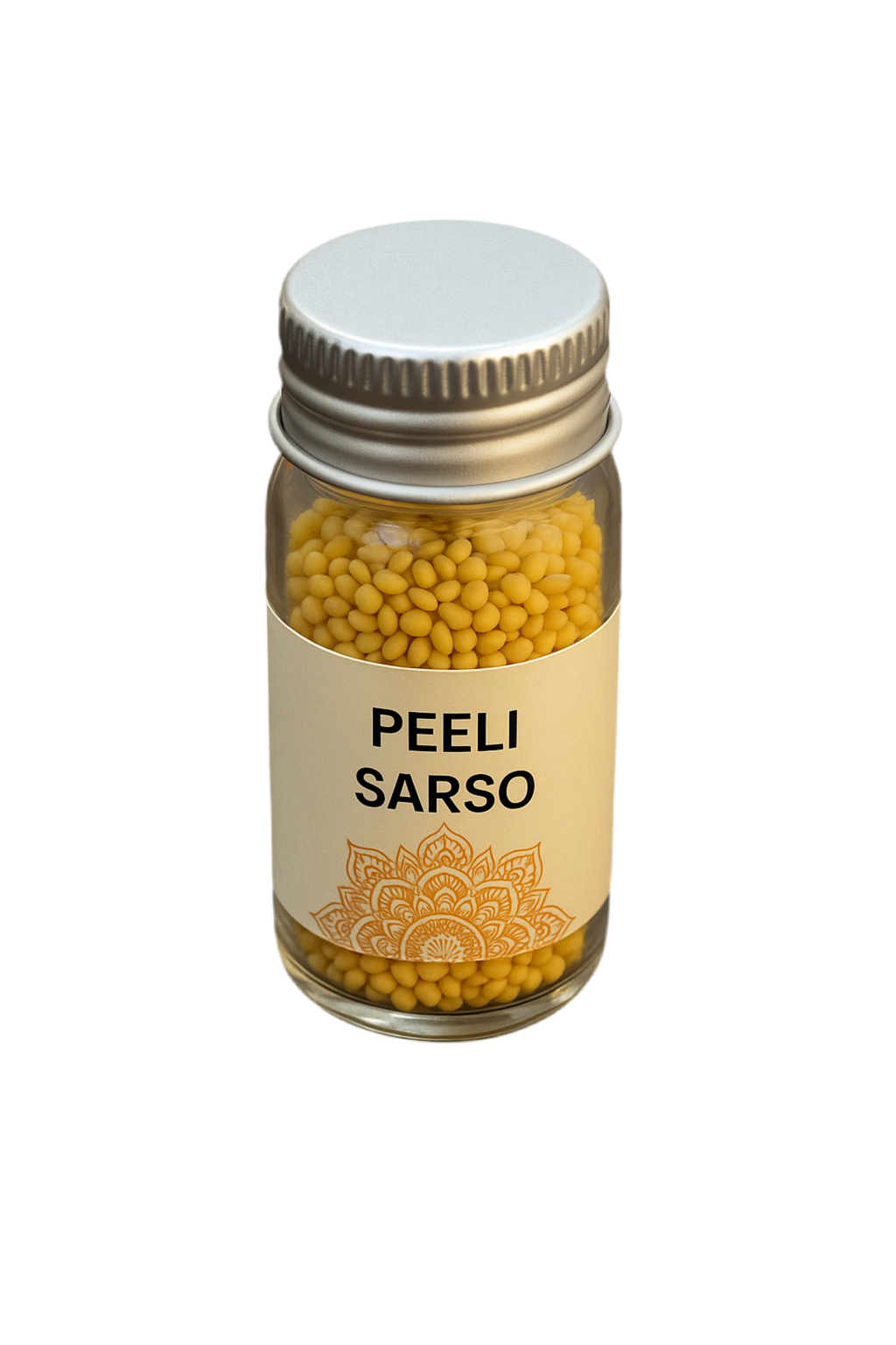 Divine Sansar-Bottle of yellow beads labeled 'PEELI SARSO' on a white background