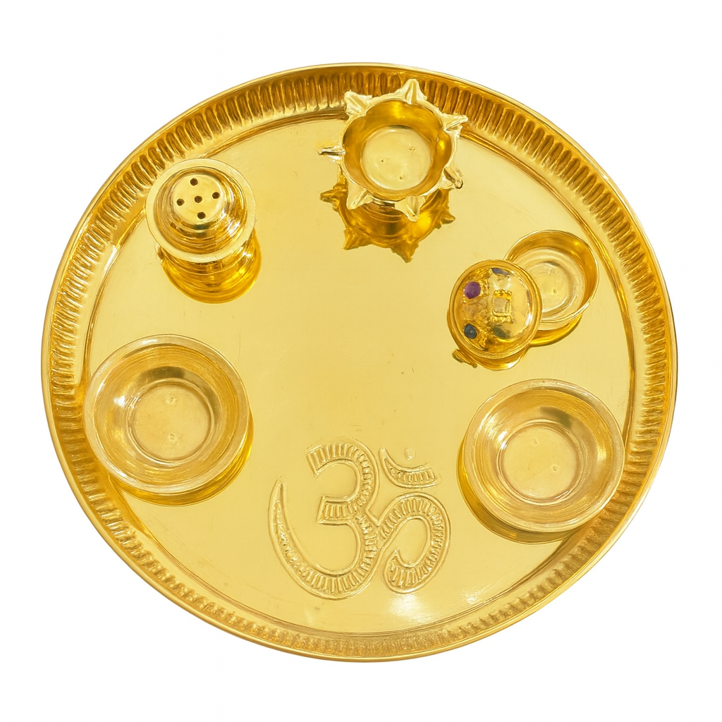 Divine Sansar Pooja Thali-Gold tray with religious symbols on a white background