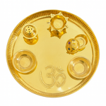 Divine Sansar Pooja Thali-Gold tray with religious symbols on a white background