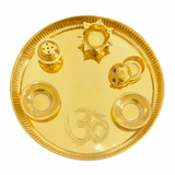 Divine Sansar Pooja Thali-Gold tray with religious symbols on a white background