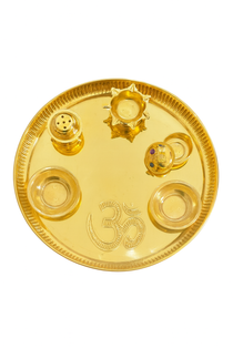Divine Sansar Pooja Thali-Gold tray with religious symbols on a white background