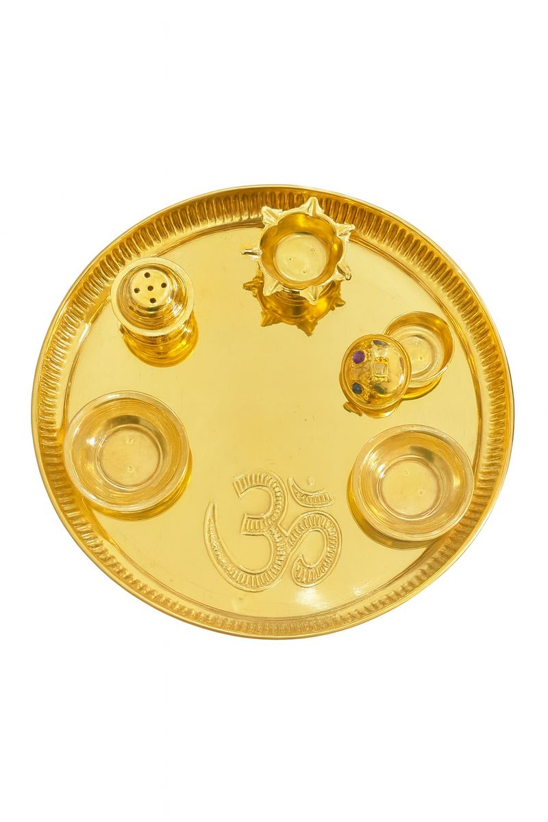 Divine Sansar Pooja Thali-Gold tray with religious symbols on a white background