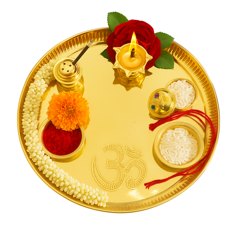 Divine Sansar Pooja Thali with flowers, candles, and other items on a white background