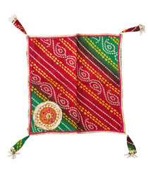 Divine Sansar-Pooja Thali Cover Square- square scarf with red and green patterns on a white background