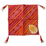 Divine Sansar-Pooja Thali Cover Square-Decorative red fabric with gold and white patterns on a white background