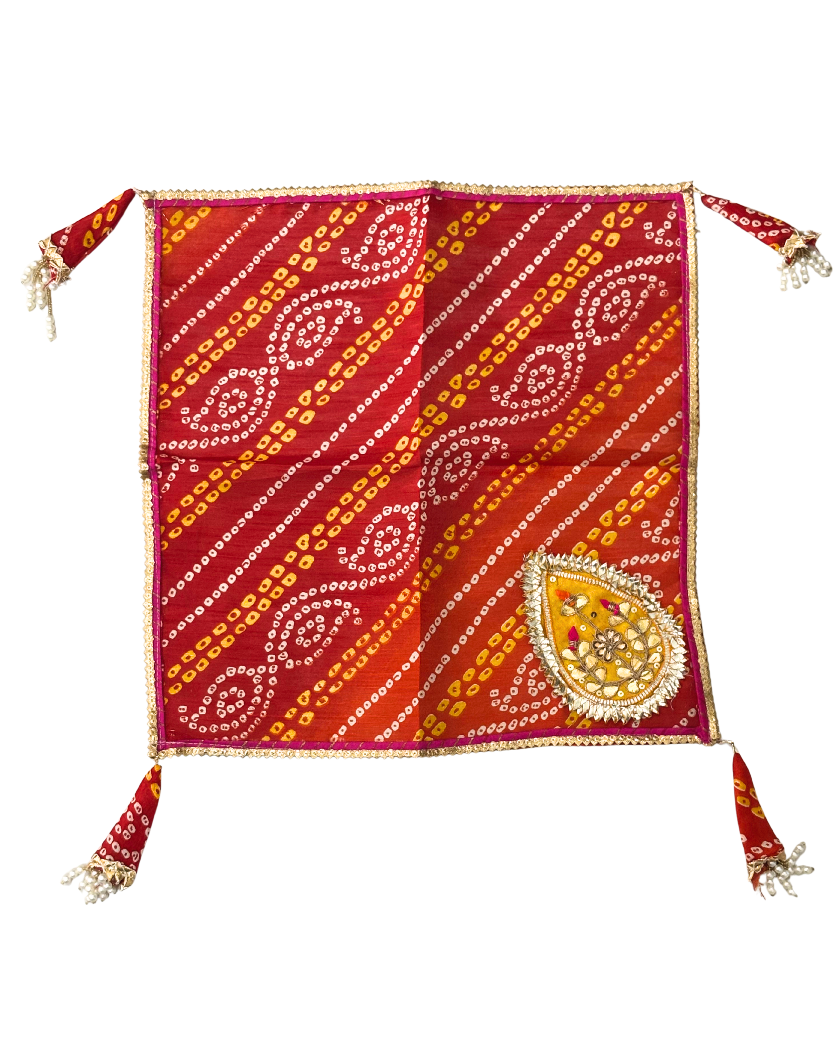 Divine Sansar-Pooja Thali Cover Square-Decorative red fabric with gold and white patterns on a white background
