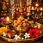 Divine Sansar-Pooja Thali Peparation-Diya-Flower-Kumkum-Incense sticks-Sweets