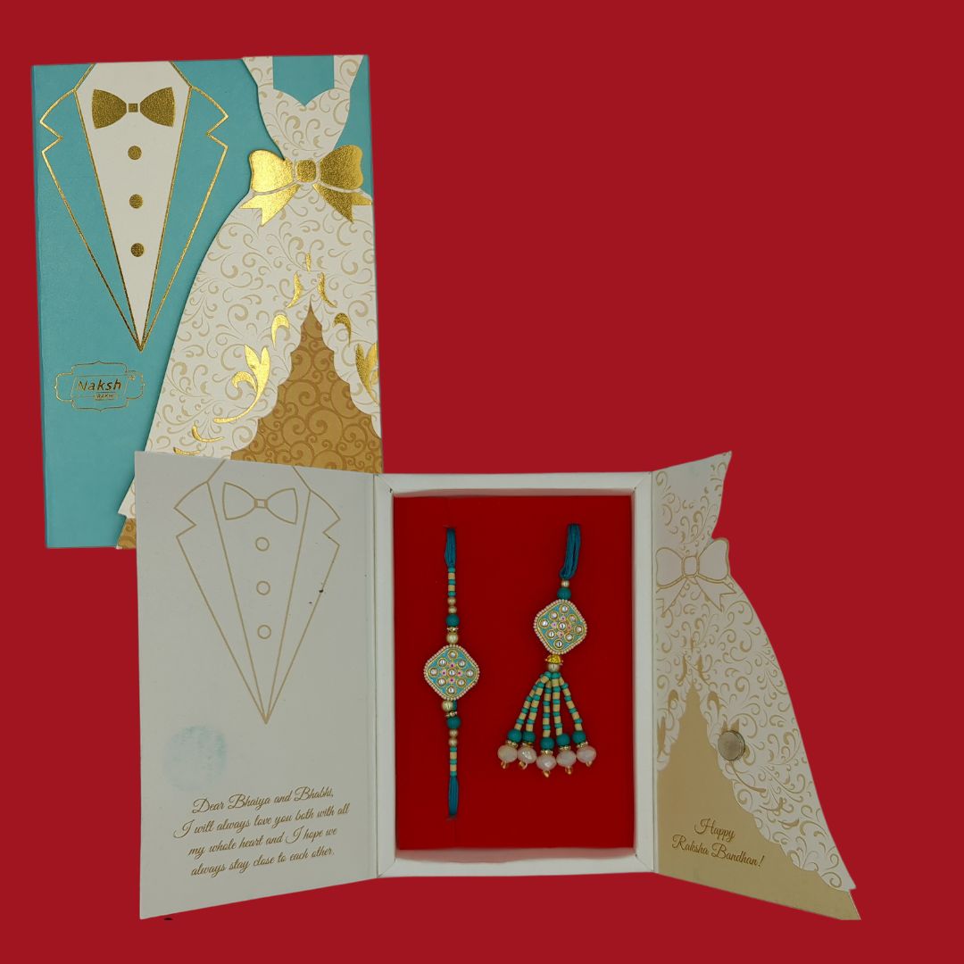 Divine Sansar-Premium Bhaiya Bhabhi Rakhi Design 5, with a decorated card,  on a red background.