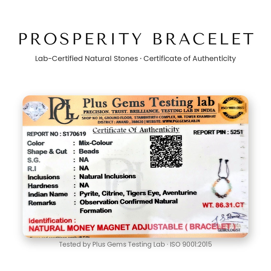 Plus Gems Testing Lab certificate of authenticity for natural pyrite, citrine, tiger eye and aventurine prosperity bracelet - Divine Sansar UAE