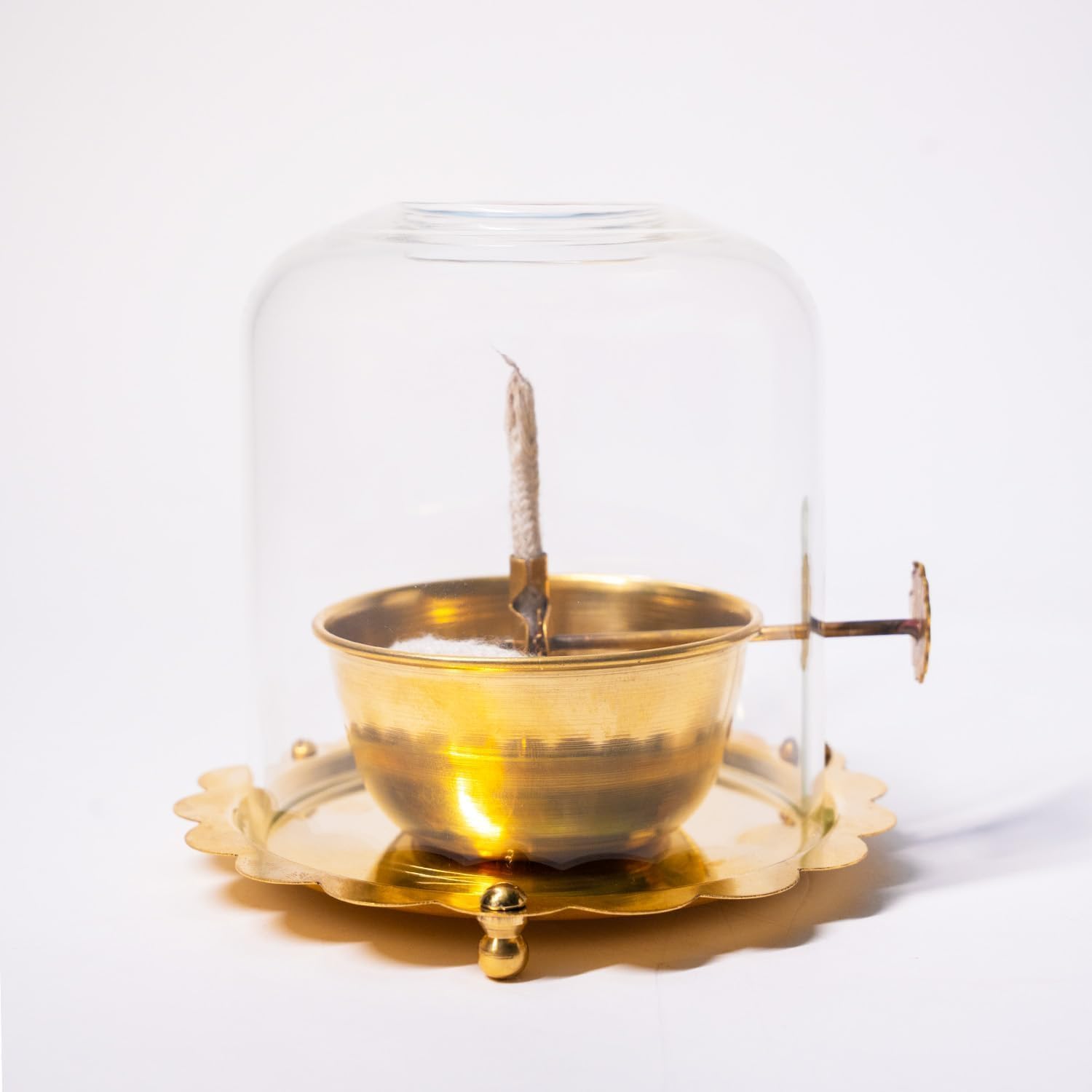 Divine Sansar -Pure brass akhand diya 150ml with glass cover and adjustable bati 
