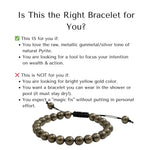 Divine Sansar-Pyrite Braided Money magnet-is this right bracelet for you-Pyrite Braided Money magnet Bracelet with text explaining its features and suitability