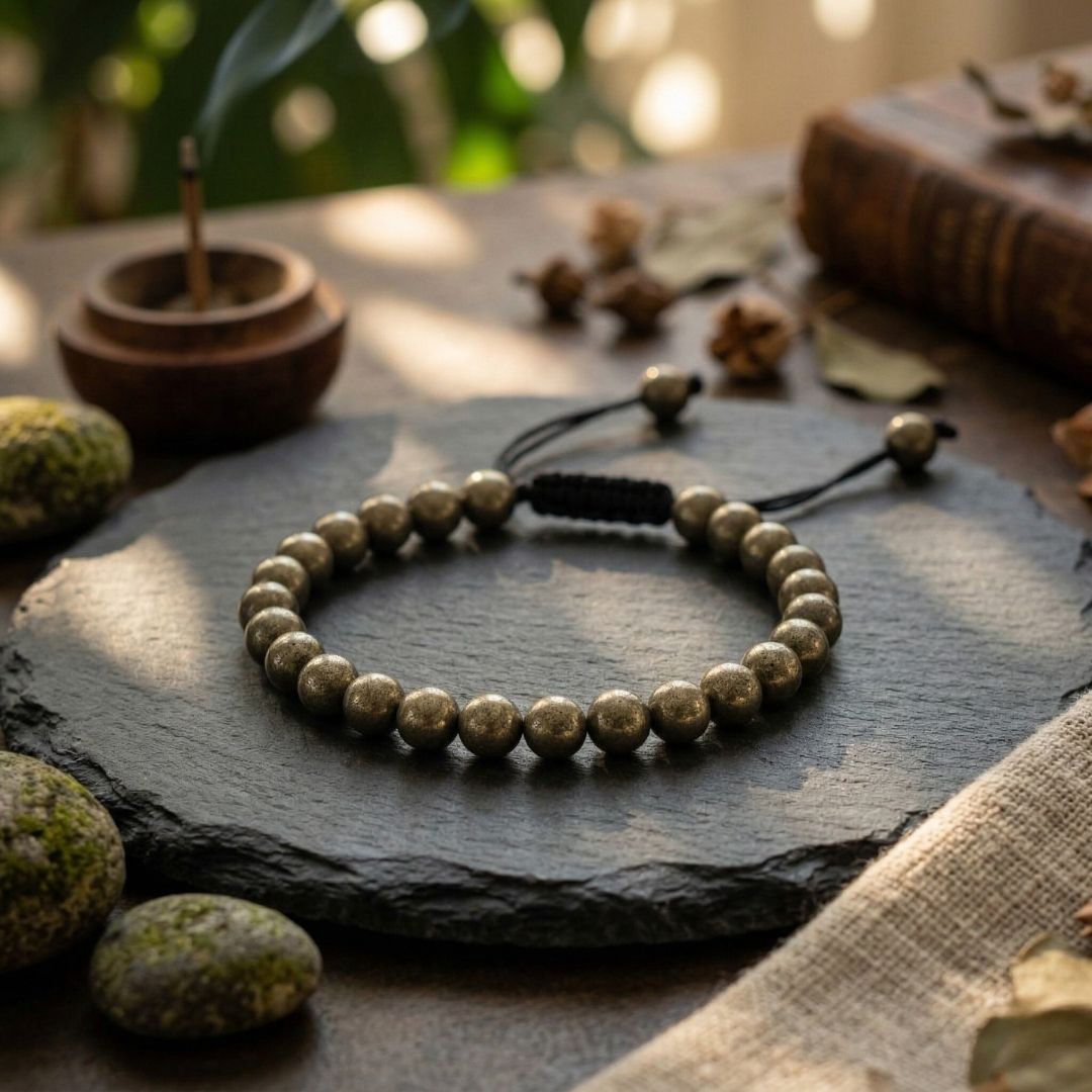 Divine Sansar-Pyrite Braided Money magnet ambiant-pyrite braided bracelet on a dark surface