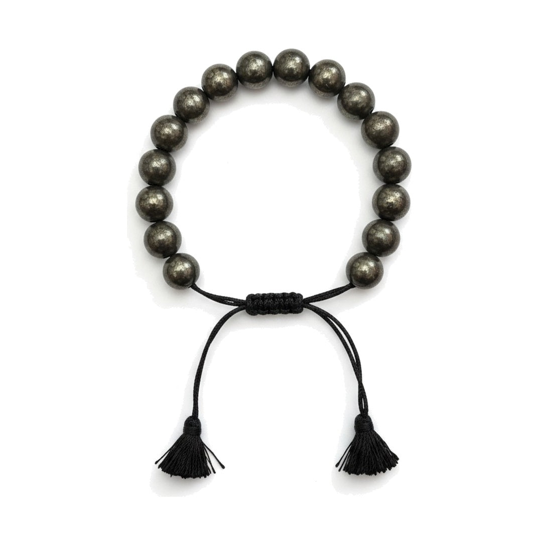 Small money magnet pyrite bracelet on black braided cord with tassels - Divine Sansar