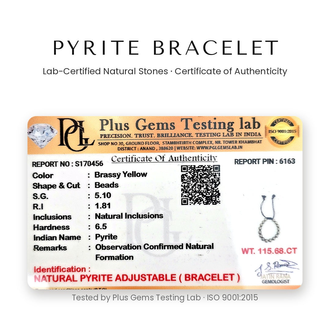 Plus Gems Testing Lab certificate of authenticity for natural pyrite adjustable bracelet - Divine Sansar UAE