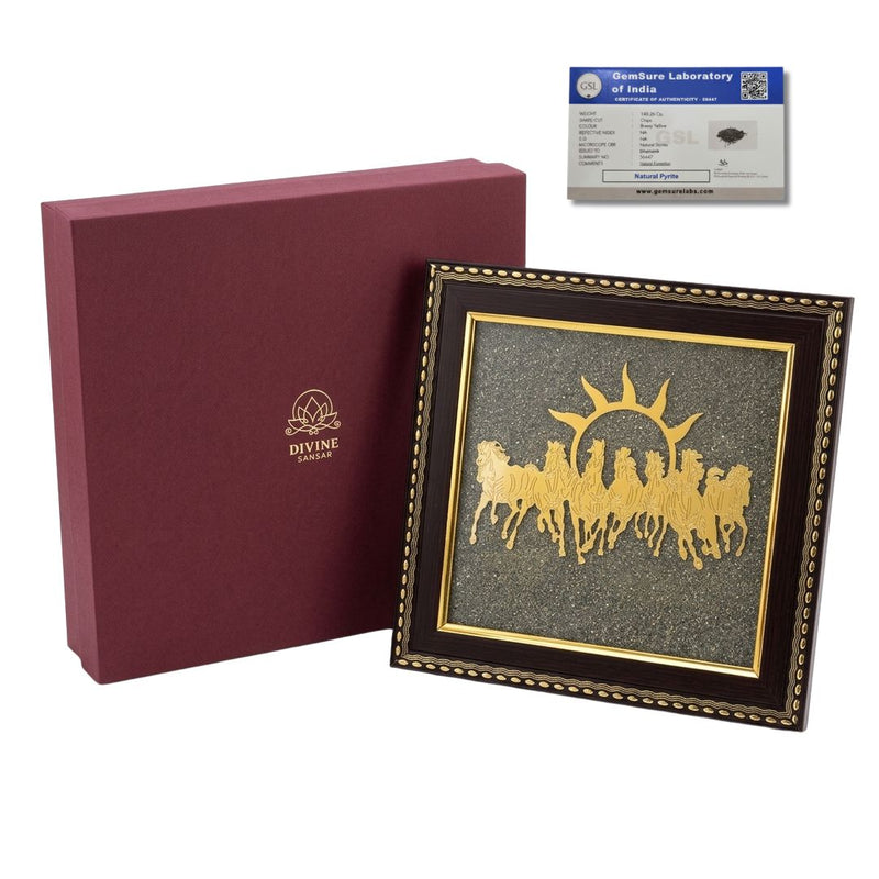 Divine Sansar Seven Running Horses pyrite stone frame with rising sun - Vastu wealth wall decor UAE