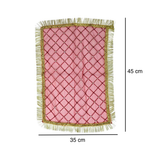 Divine Sansar Red Chunri for Pooja-Pink tand red veil with gold border and tassels, shown with dimensions on a white background.