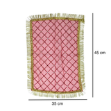 Divine Sansar Red Chunri for Pooja-Pink tand red veil with gold border and tassels, shown with dimensions on a white background.