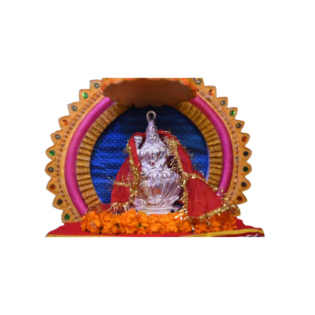 Divine Sansar Red Chunri for Pooja-Decorative idol covered by a red veil in a colorful frame with a white background