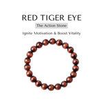 Red tiger eye bracelet on a white background with text about its properties.