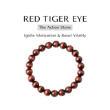 Red tiger eye bracelet on a white background with text about its properties.