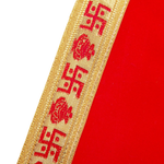 Divine Sansar Red Velvet Pooja Aasan Cloth-Gold ribbon with red swastik on a red background