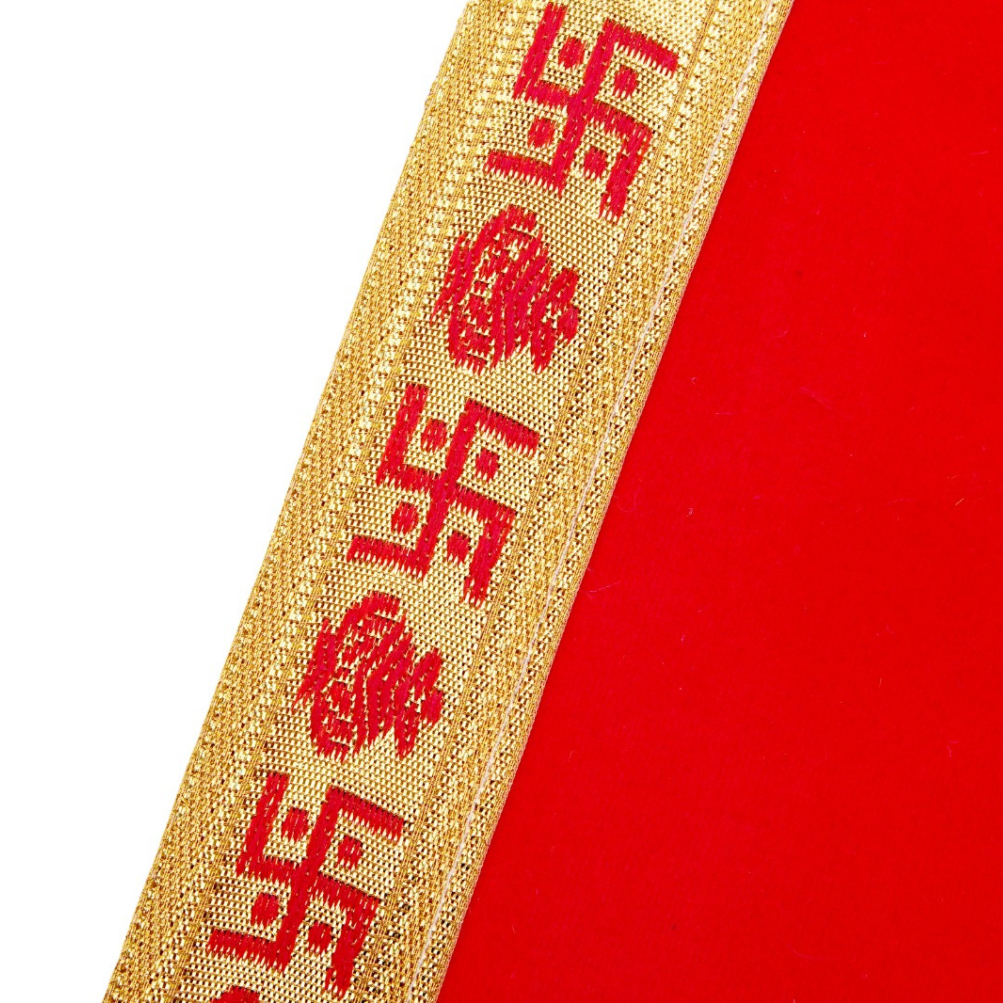 Divine Sansar Red Velvet Pooja Aasan Cloth-Gold ribbon with red swastik on a red background