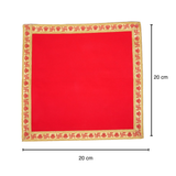 Divine Sansar Red Velvet Pooja Aasan Cloth-Red square mat with gold border and text, dimensions shown