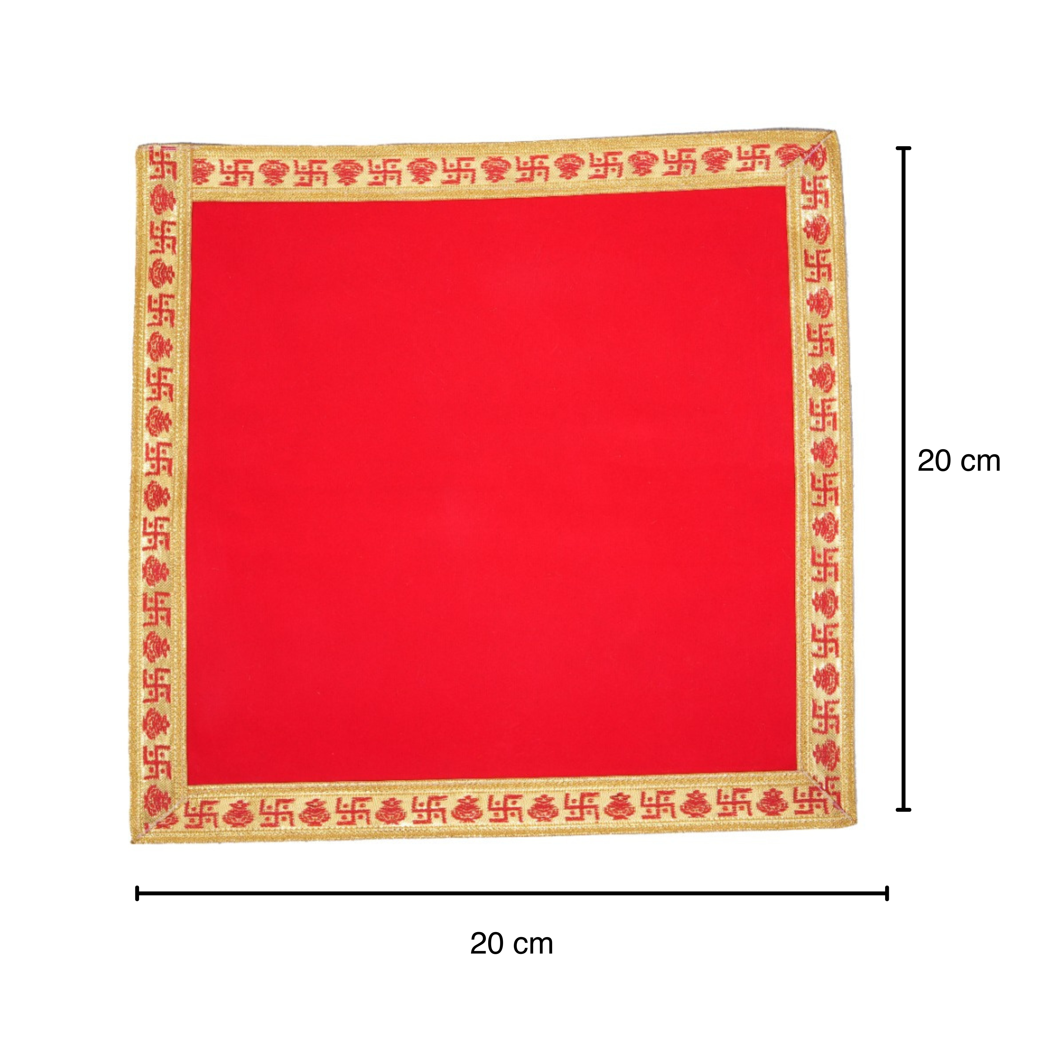 Divine Sansar Red Velvet Pooja Aasan Cloth-Red square mat with gold border and text, dimensions shown