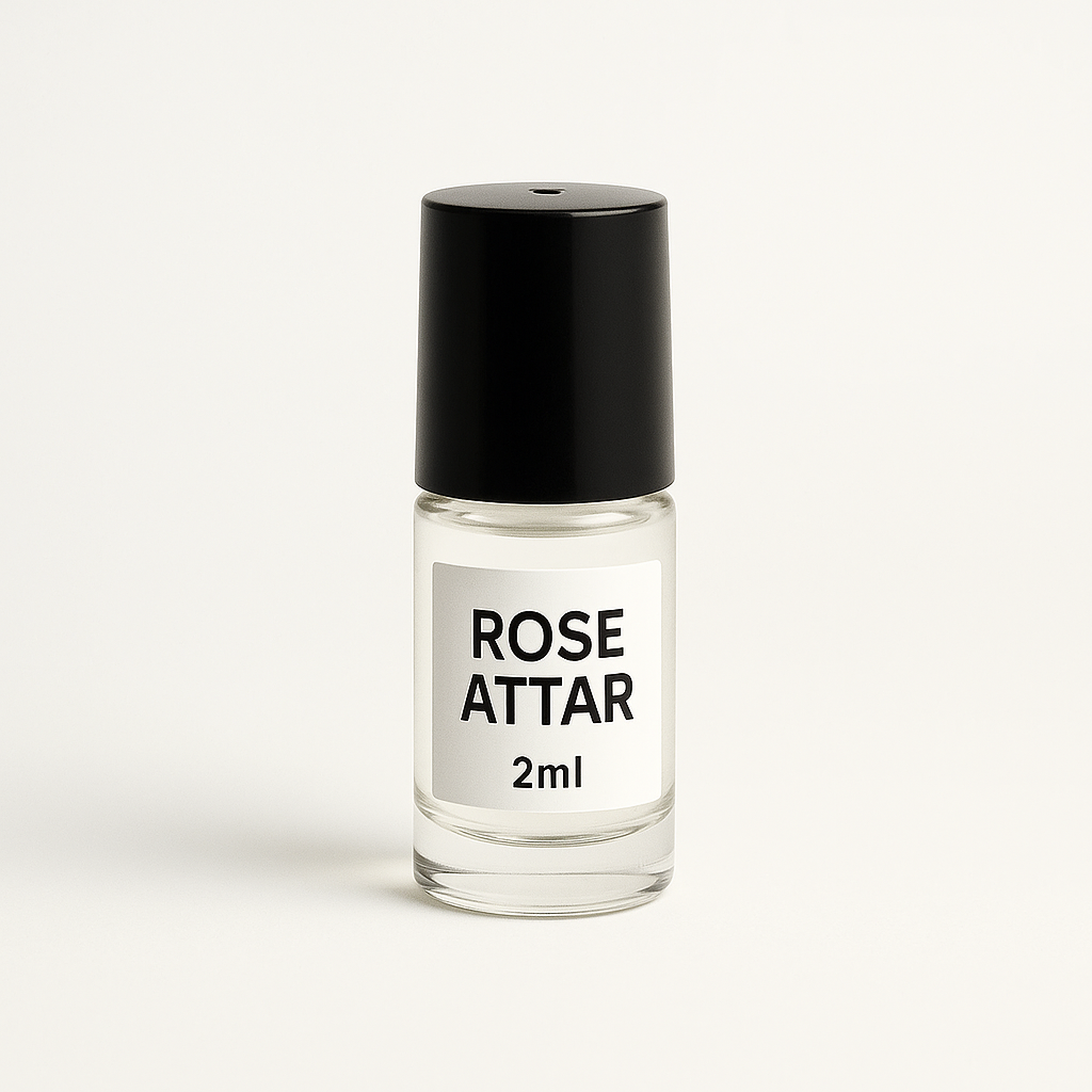 Divine Sansar-Rose Attar 2ml bottle with a black cap on a white background