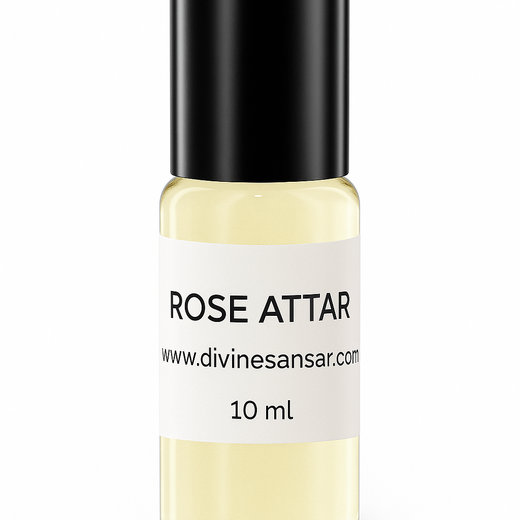 Divine Sansar-Rose Attar bottle with black cap and white label on a white background