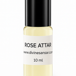 Divine Sansar-Rose Attar bottle with black cap and white label on a white background