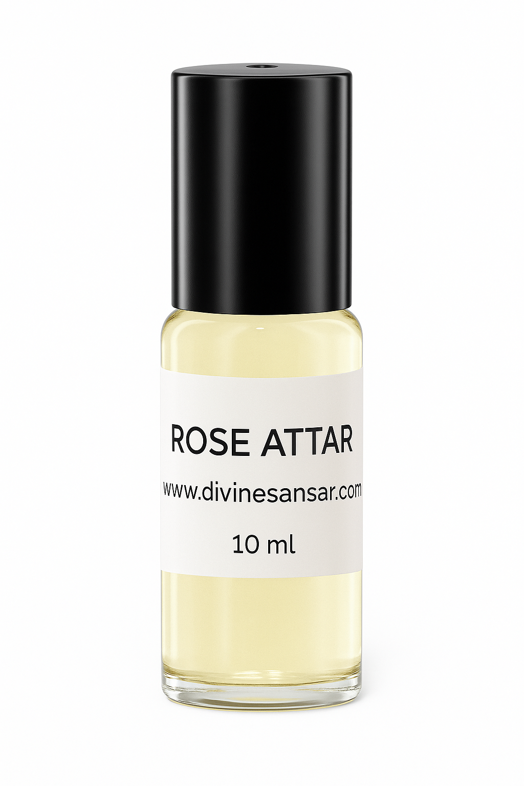 Divine Sansar-Rose Attar bottle with black cap and white label on a white background