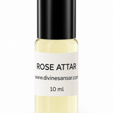 Divine Sansar-Rose Attar bottle with black cap and white label on a white background