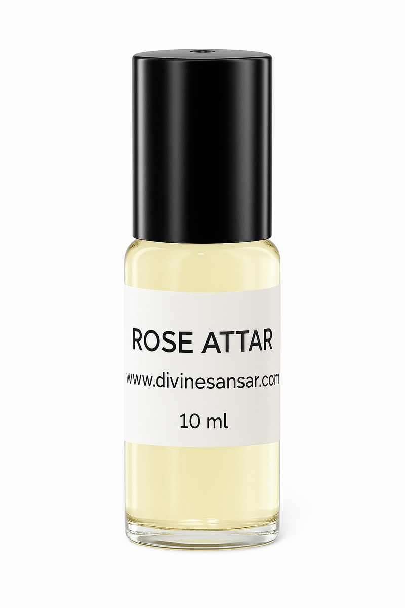 Divine Sansar-Rose Attar bottle with black cap and white label on a white background