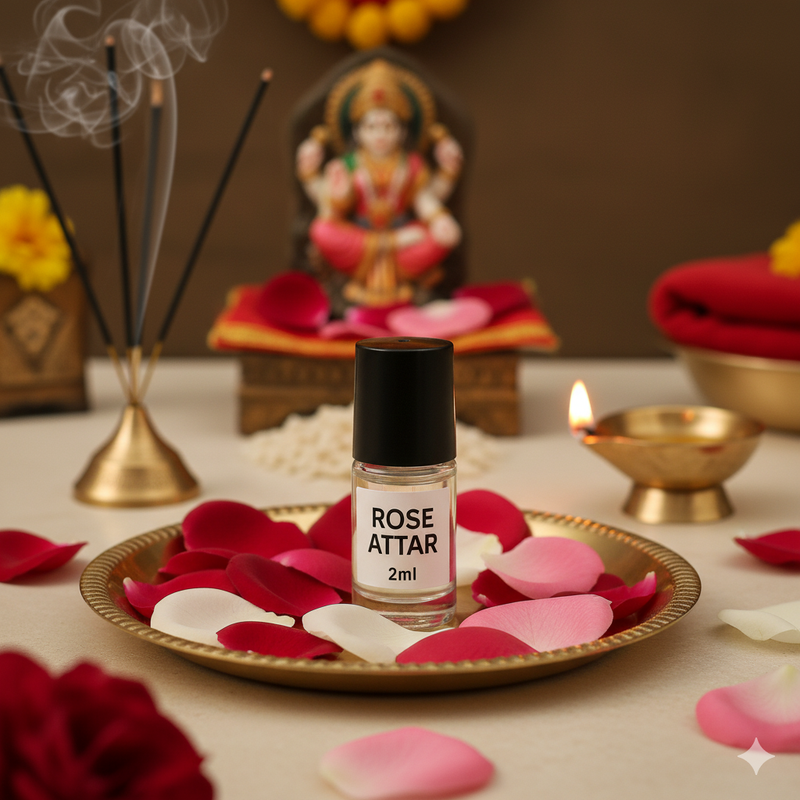 Divine Sansar-Rose Attar bottle on a tray with rose petals, incense sticks, and a statue in the background.