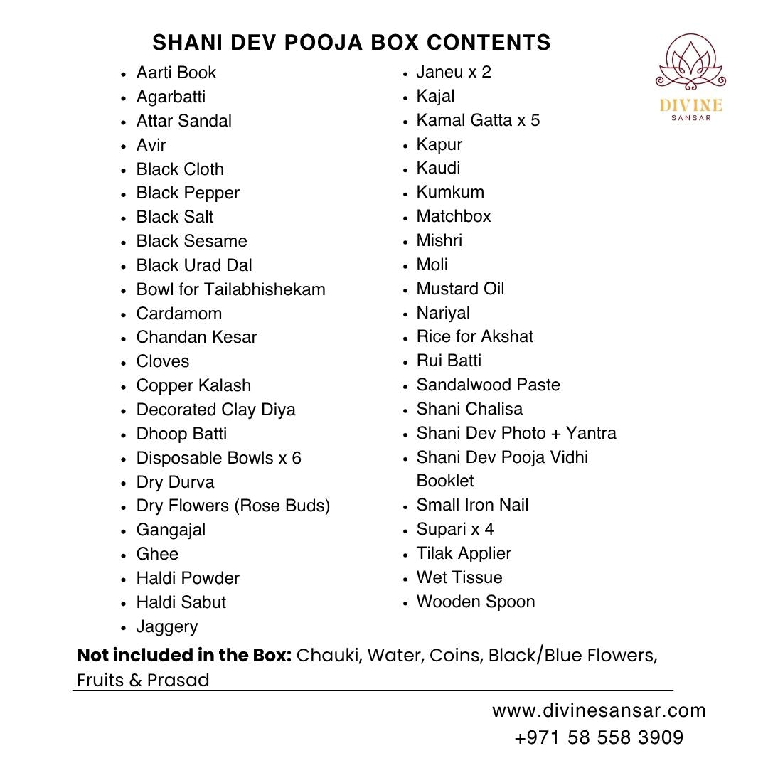 Divine Sansar-List of Shani Dev Pooja Box contents with Divine Sansar logo on a white background