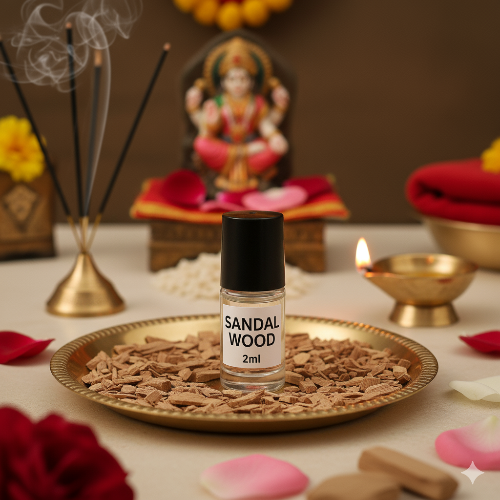 Divine Sansar-Sandalwood Attar bottle 2ml on a tray with incense sticks, flowers, and a statue in the background.
