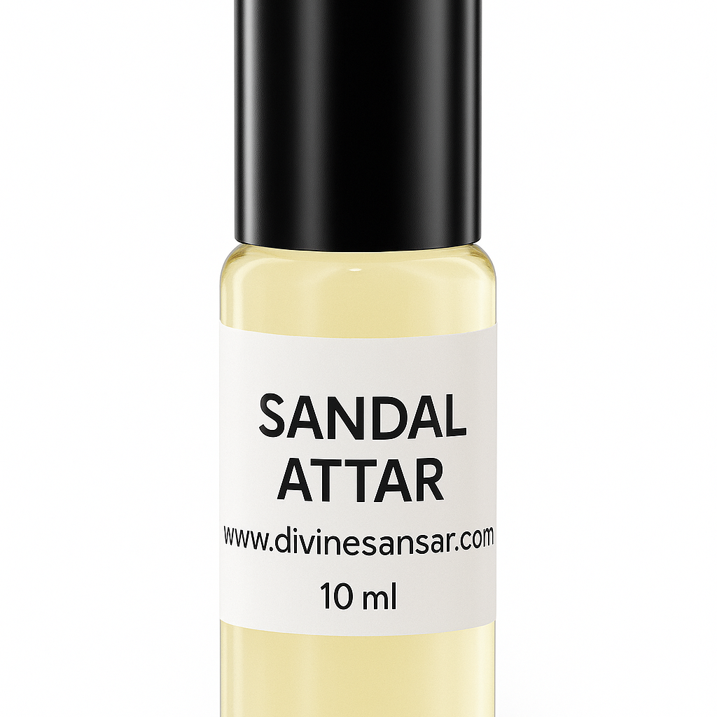 Divine Sansar-Sandal Attar bottle with black cap and white label on a white background